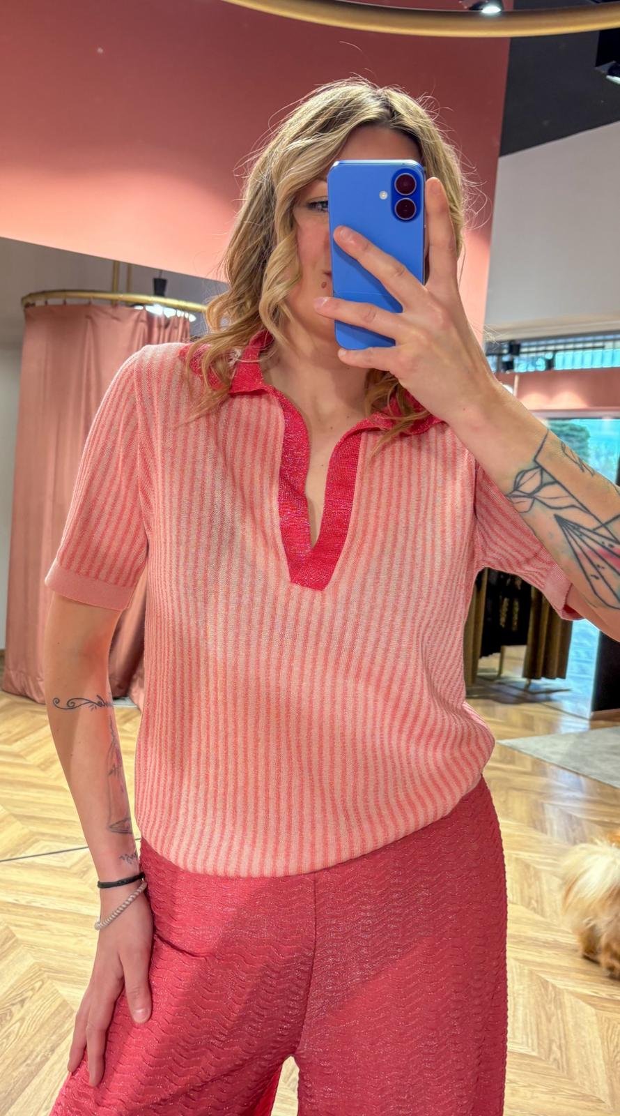 Polo in maglia rigata con lurex
