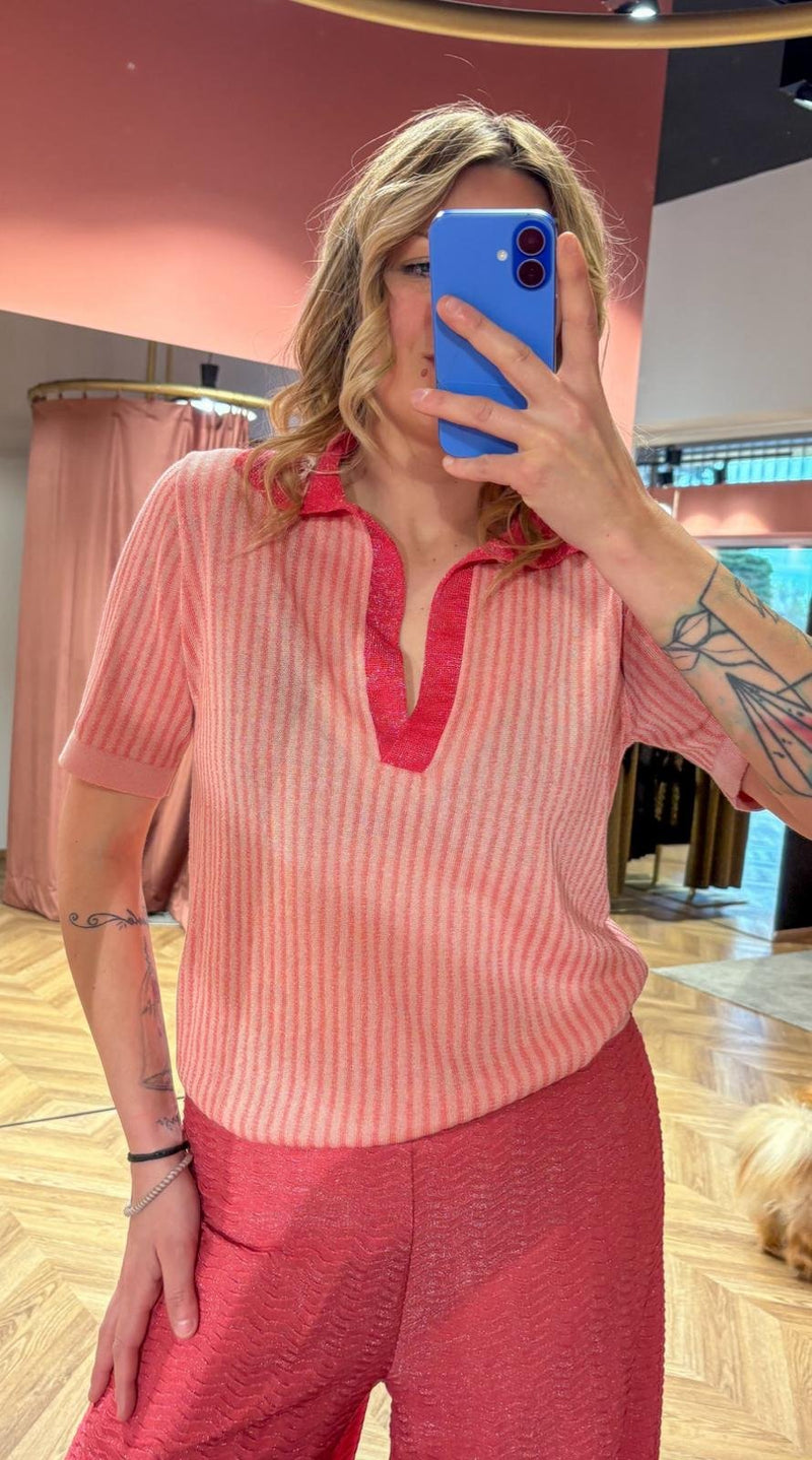 Polo in maglia rigata con lurex