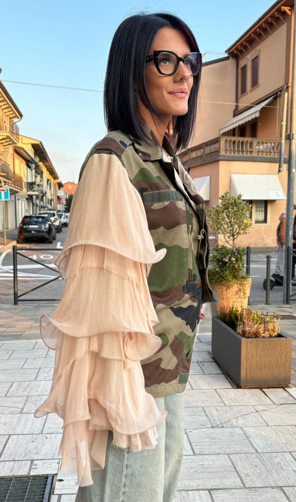 Military Jacket Camouflage con Maniche in Chiffon