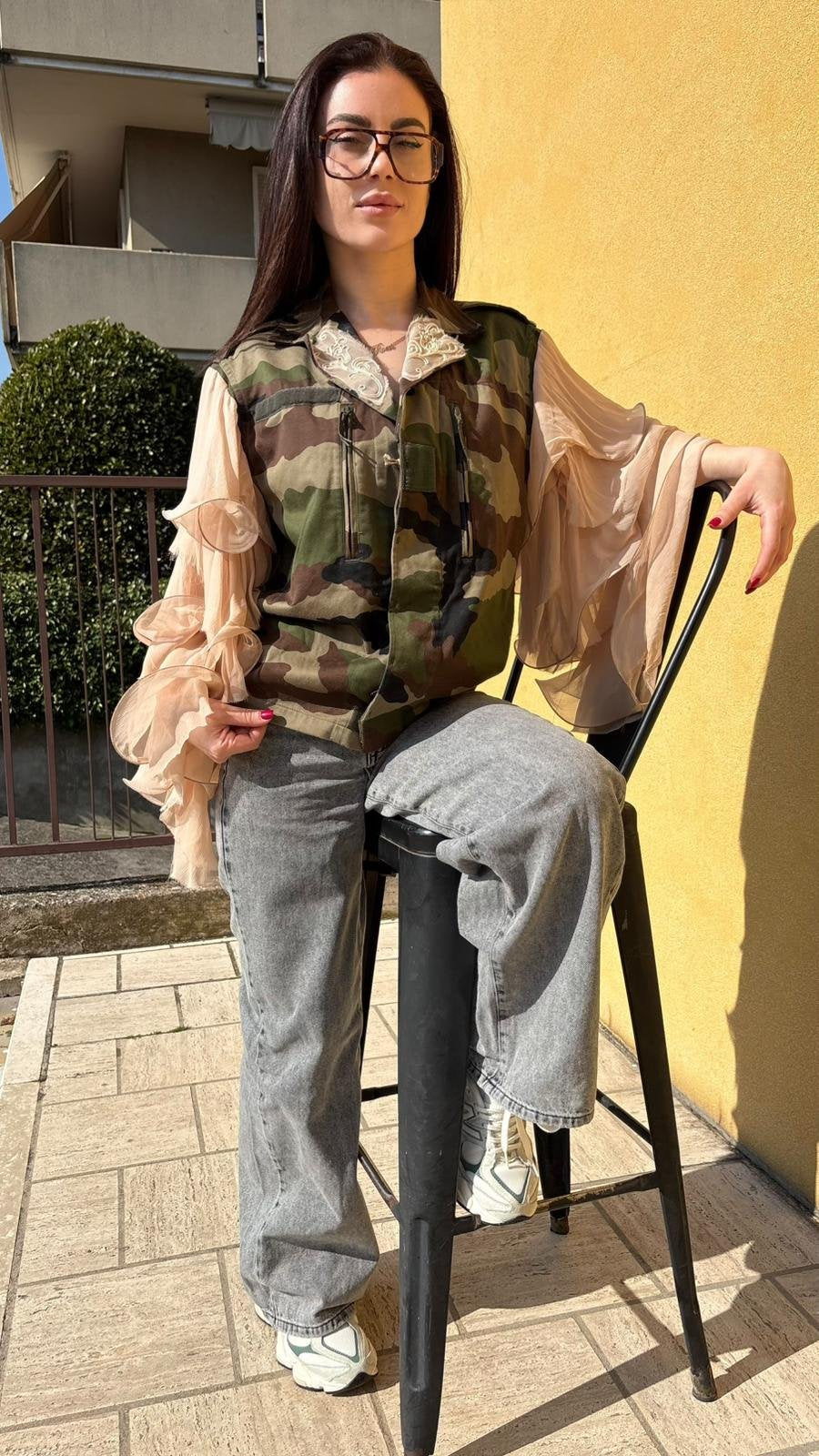 Military Jacket Camouflage con Maniche in Chiffon