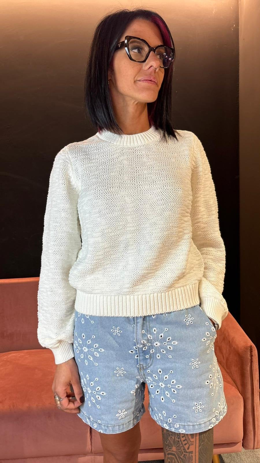 Maglione girocollo in cotone panna