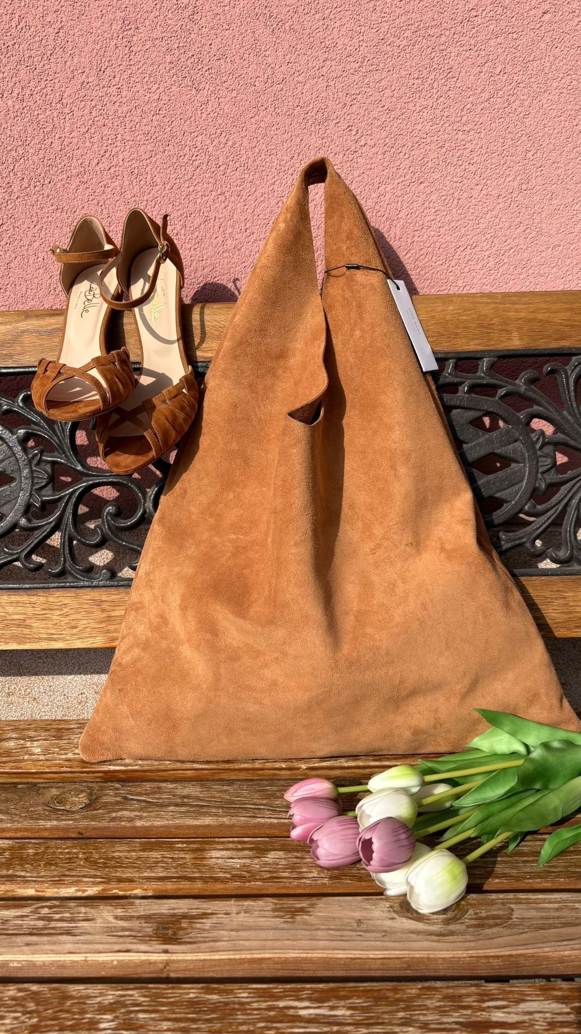 Borsa Hobo Morbida in Suede Camel con Pochette