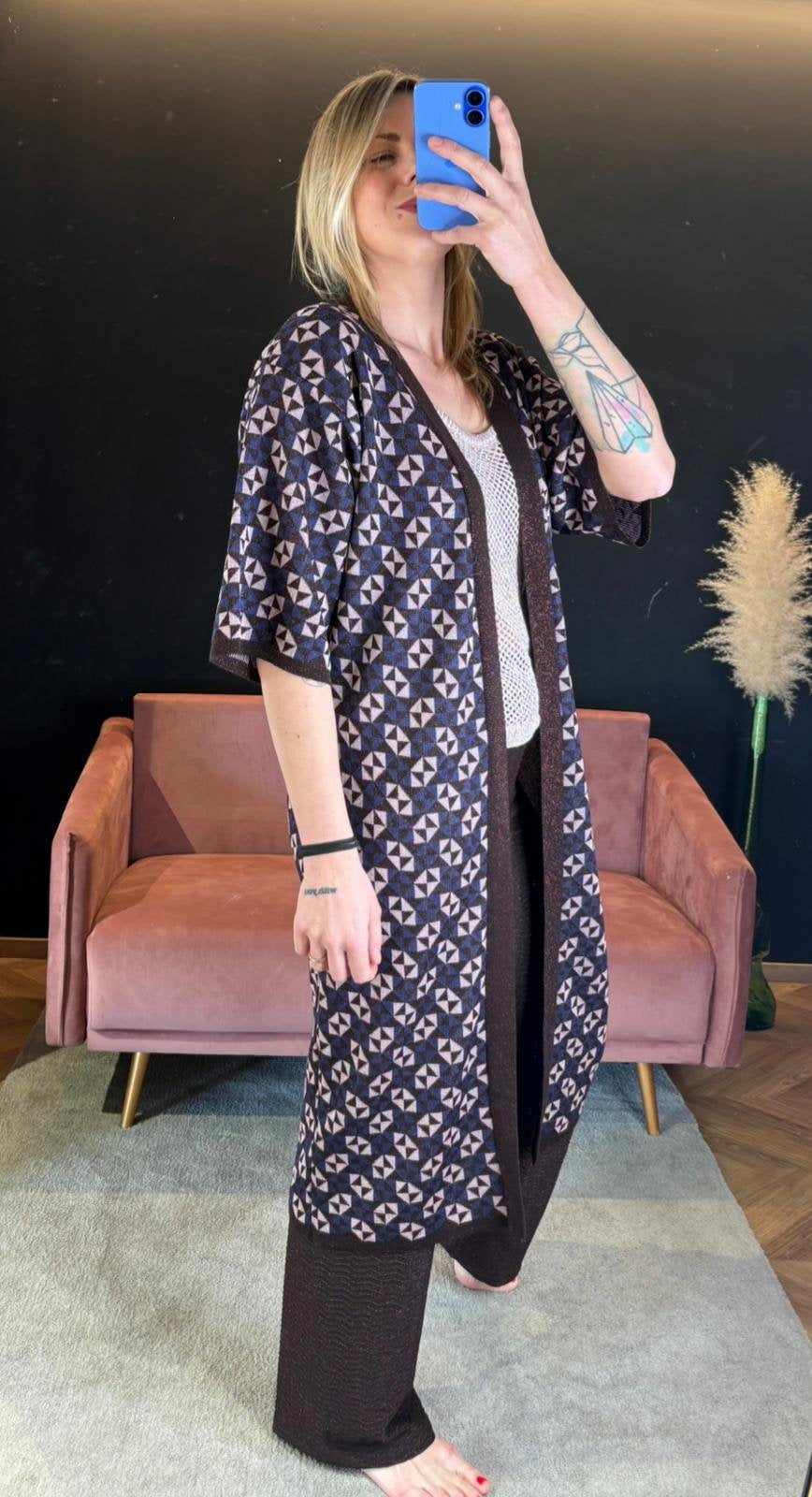 Kimono Lungo Fantasia Geometrica Chiara Bertani con Profili Lurex