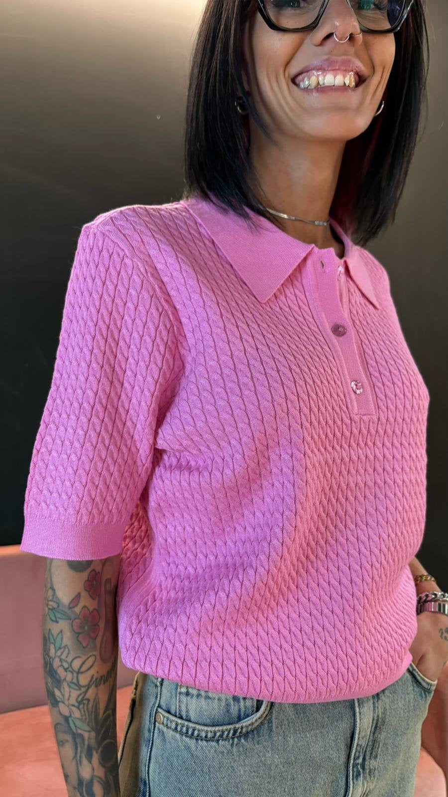 Polo Rosa in maglia lavorata